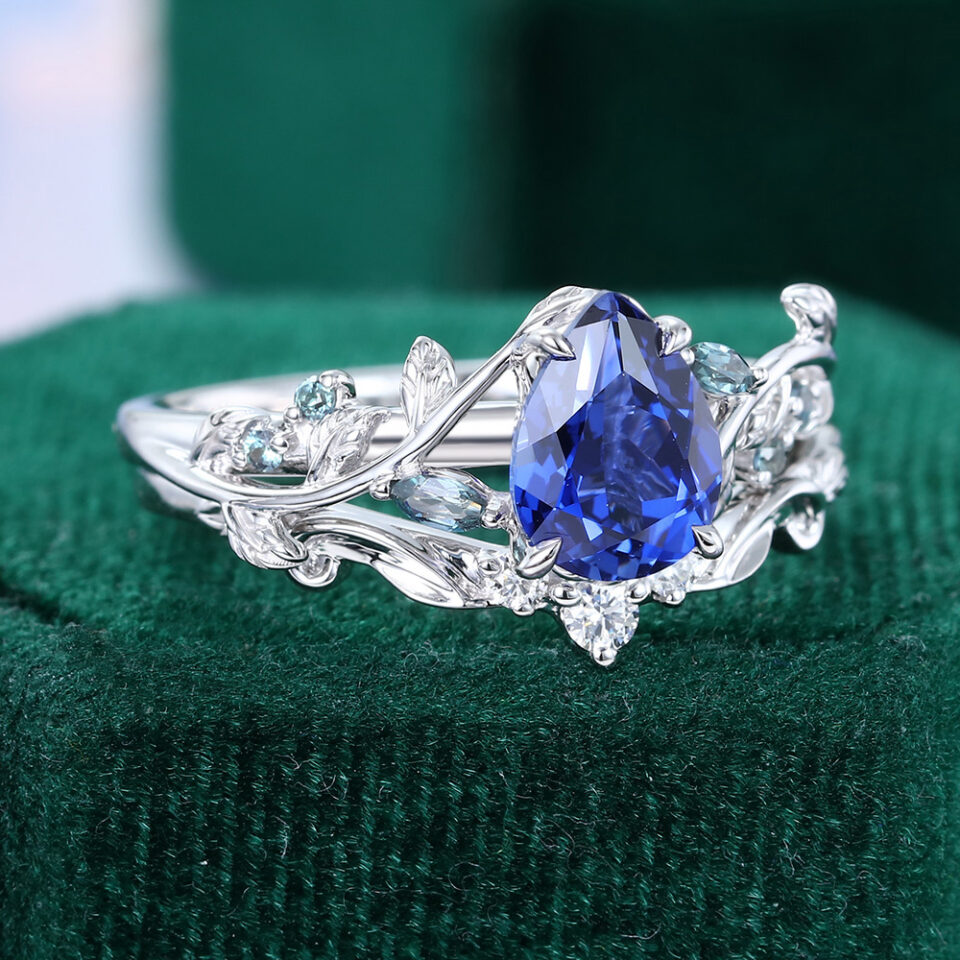 Pear Cut Sapphire Nature Themed Bridal Ring Set with Leaf Accents (9)