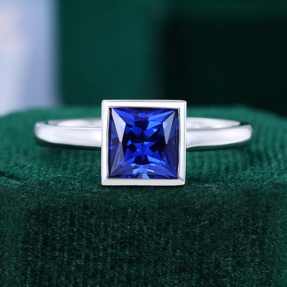 Princess Cut Sapphire Bezel Solitaire Engagement Ring