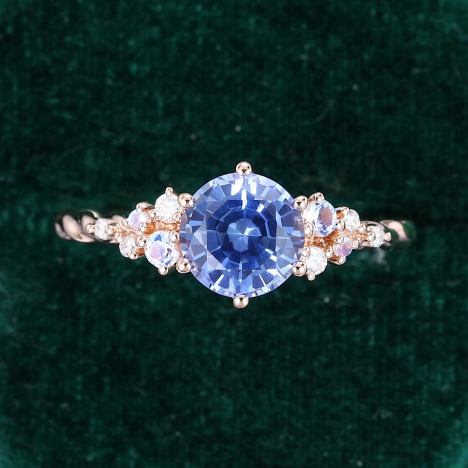 Round Cut Cornflower Sapphire Cluster Engagement Ring With Twisted Band (4)