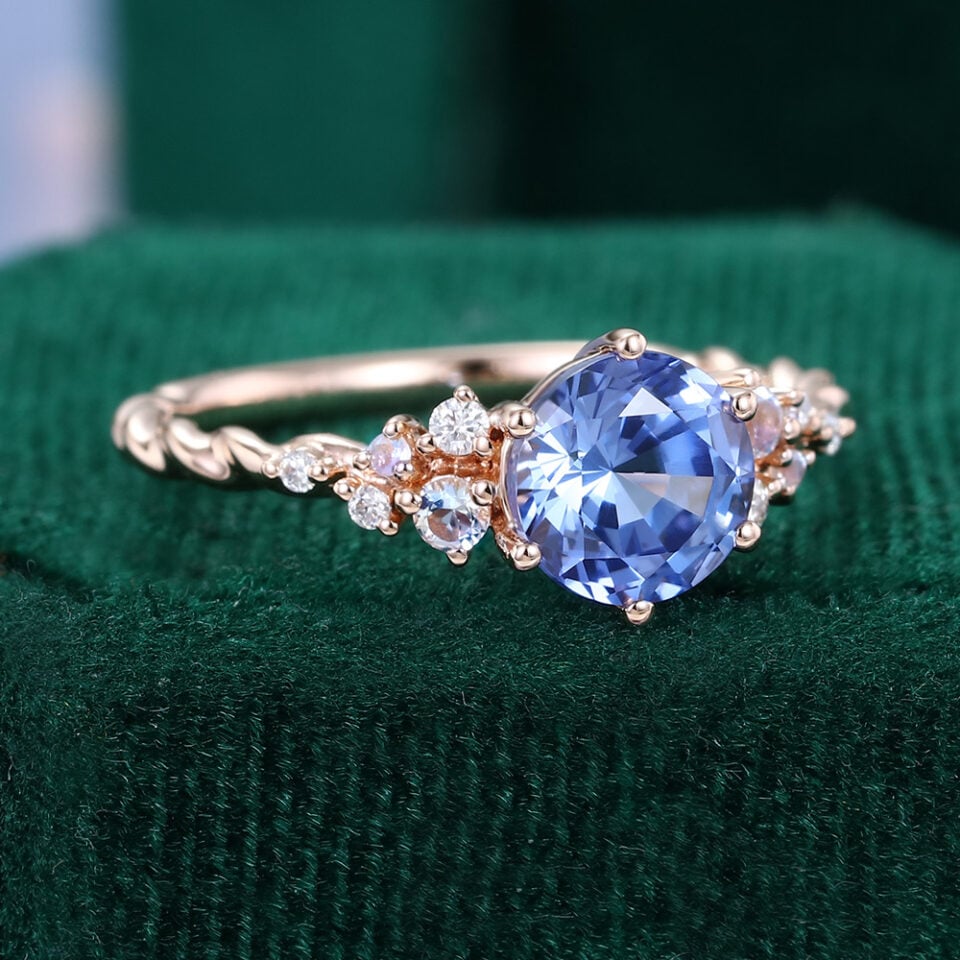 Round Cut Cornflower Sapphire Cluster Engagement Ring With Twisted Band (6)