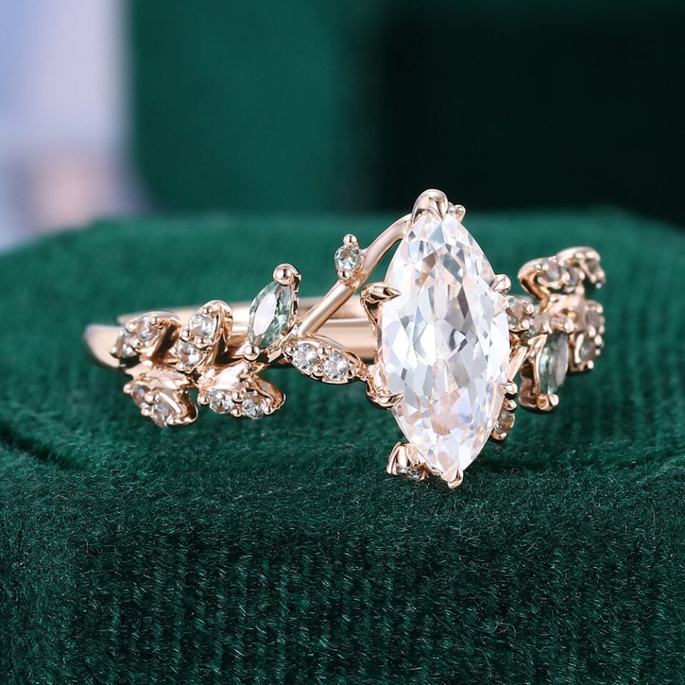 TwigGlow Marquise Cut White Sapphire Nature Inspired Engagement Ring (14)