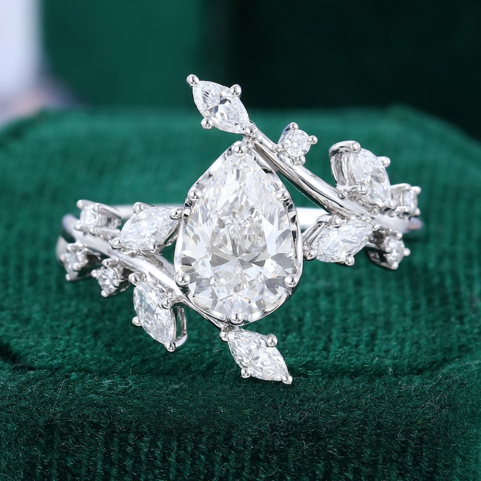 pear cut lab diamond nature inspired engagement ring