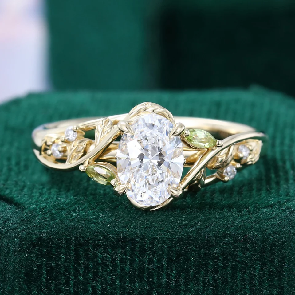 oval cut lab diamond engagement ring with peridot accent