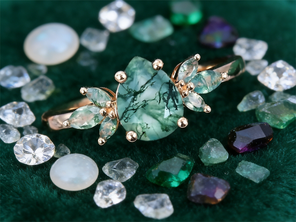 stack moss agate rings with gemstones