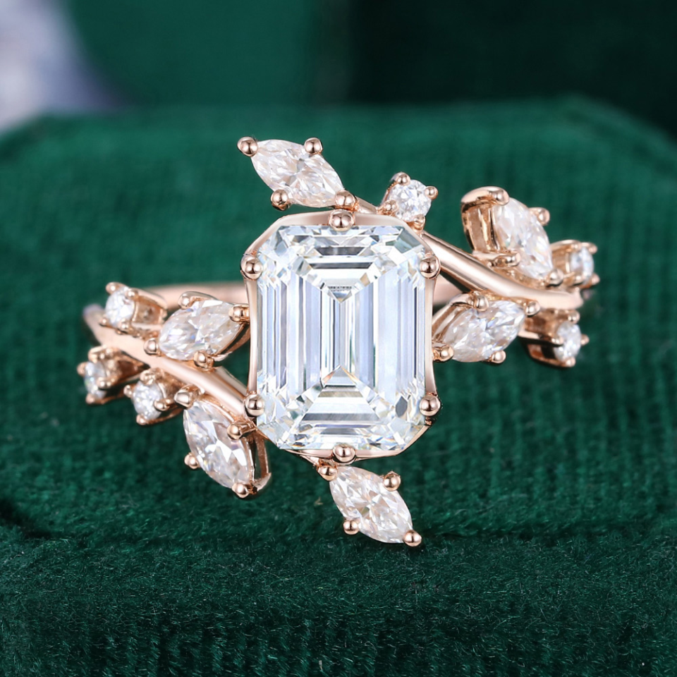 emerald cut lab diamond nature inspired engagement ring