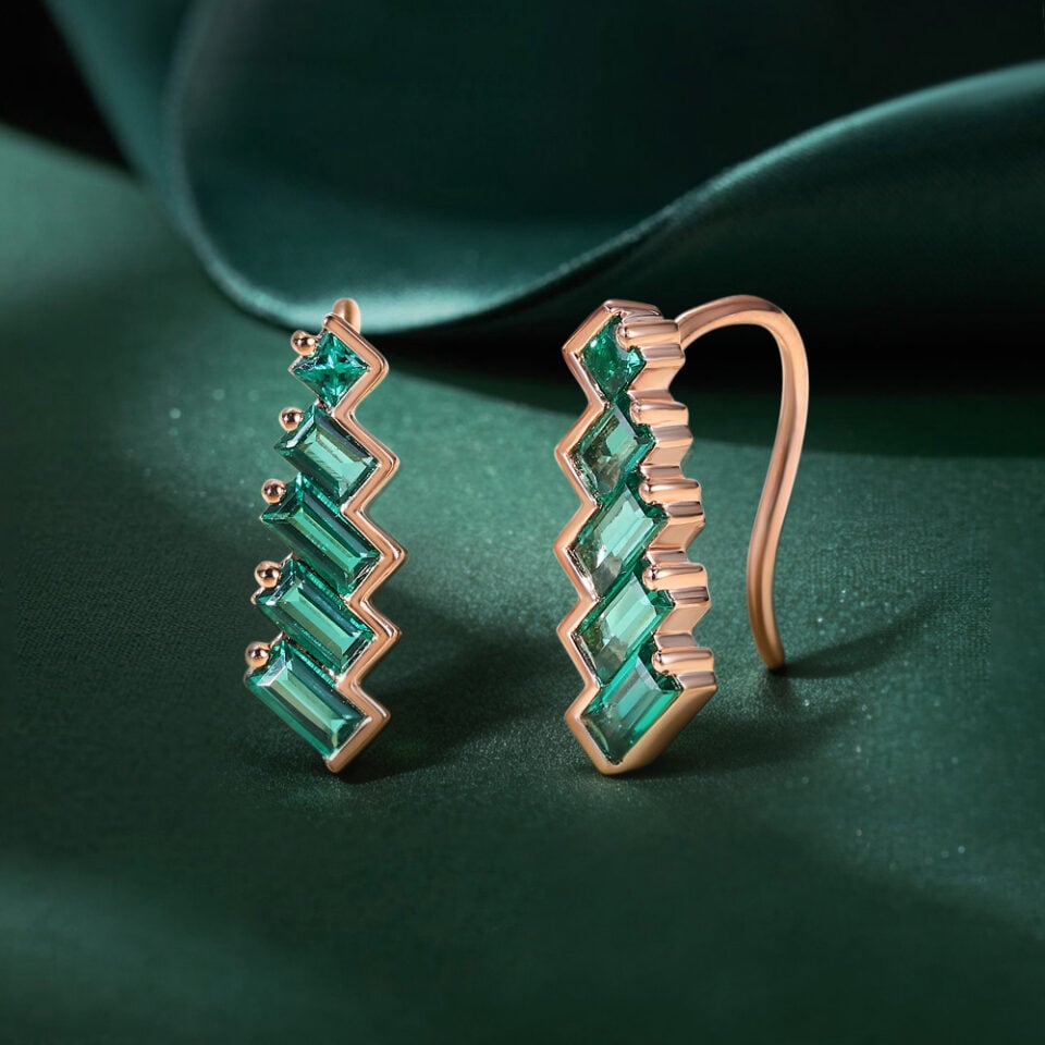 Art Deco Baguette & Princess Cut Emerald Climber Stud Earrings