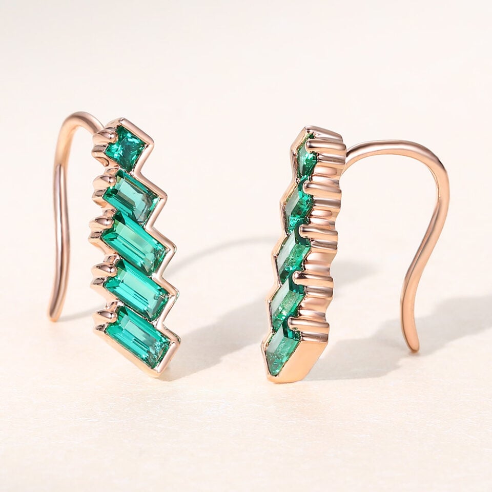 Art Deco Baguette & Princess Cut Emerald Climber Stud Earrings