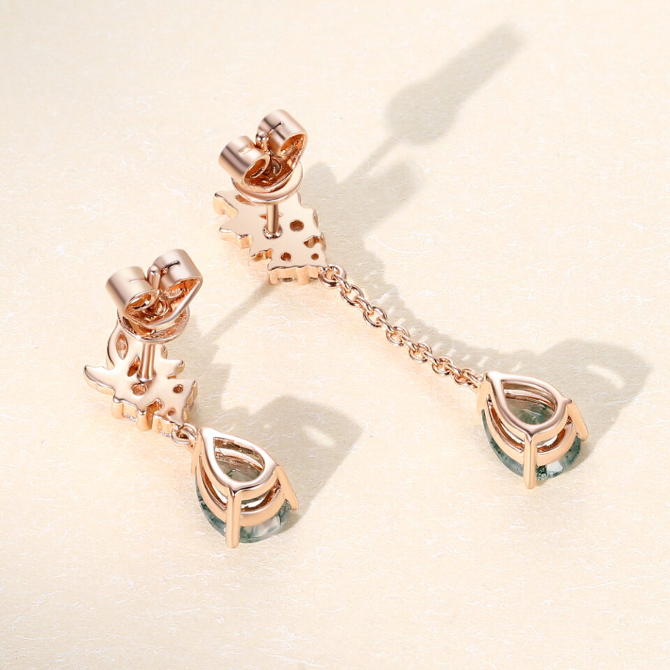 Asymmetrical Pear Cut Moss Agate Maple Leaf Drop Earrings (1)