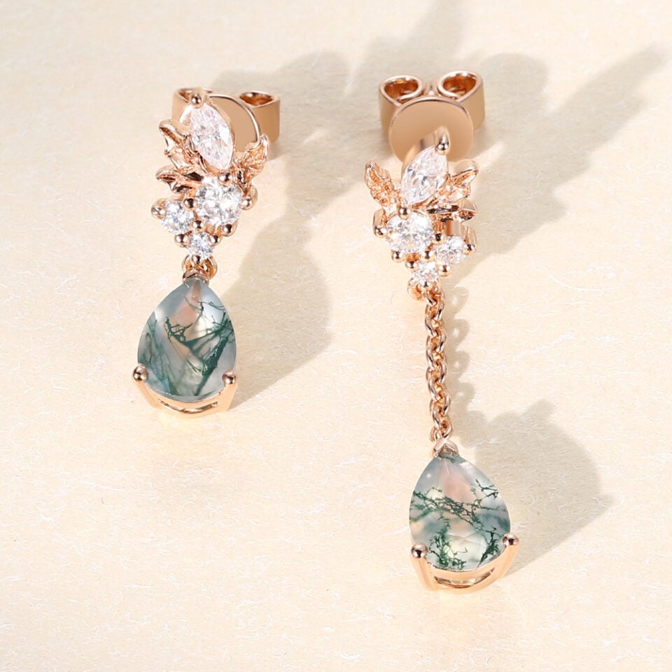 Asymmetrical Pear Cut Moss Agate Maple Leaf Dangle Earrings