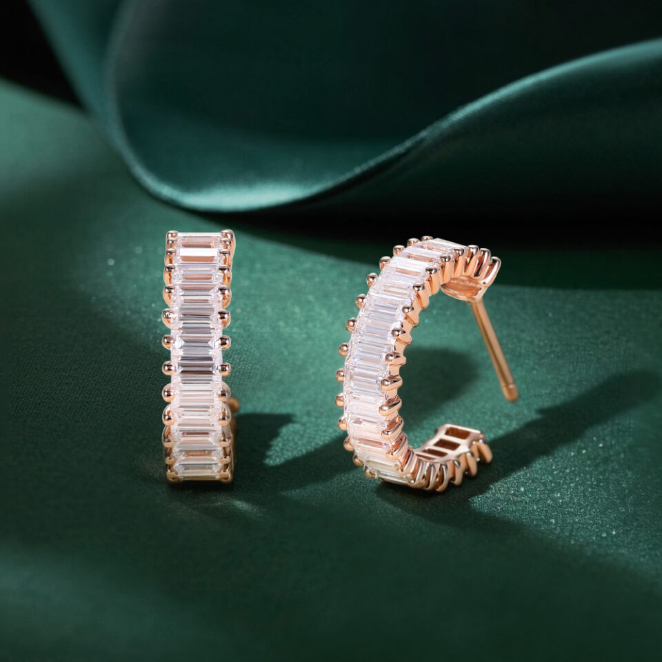 Baguette Cut Moissanite C-Hoop Stud Earrings