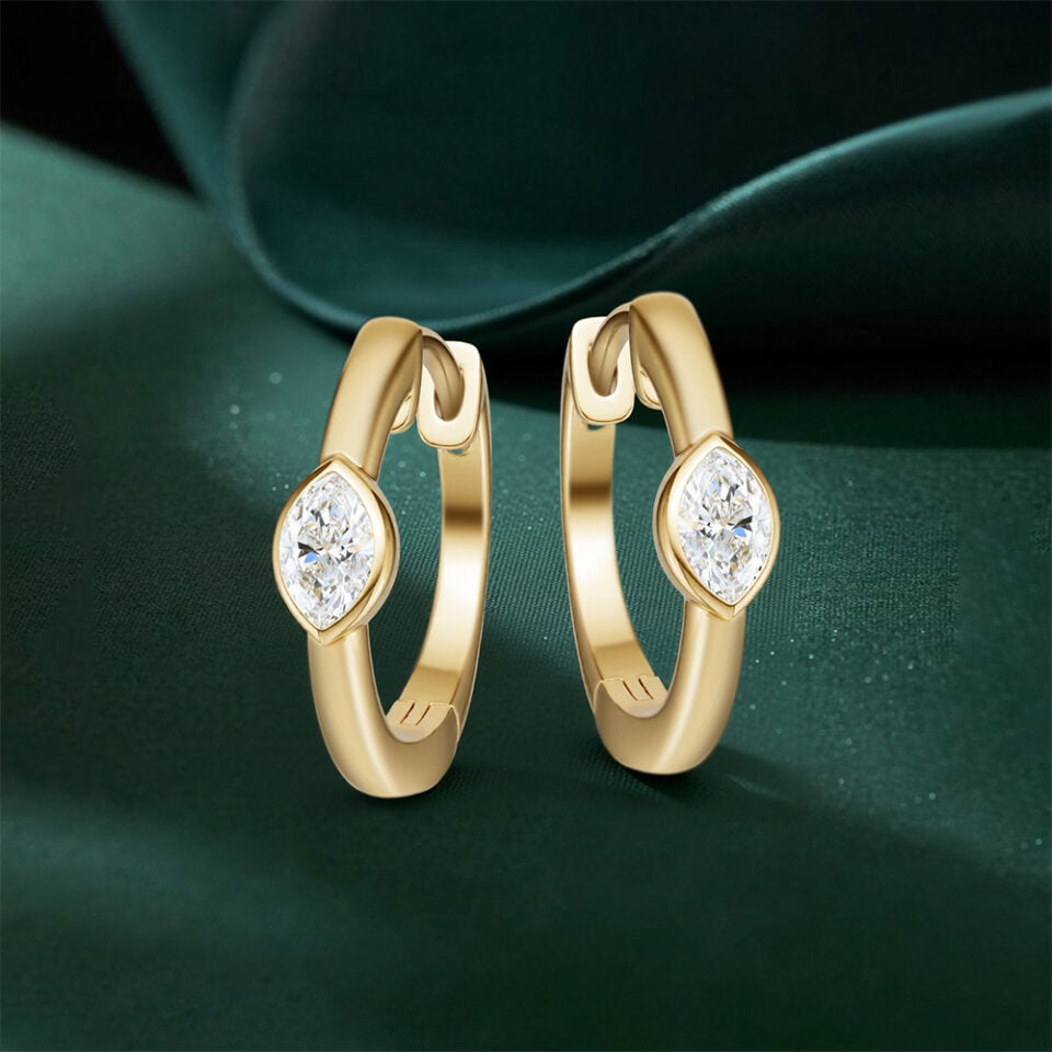 Bezel Set Marquise Lab Diamond Huggie Hoop Earrings