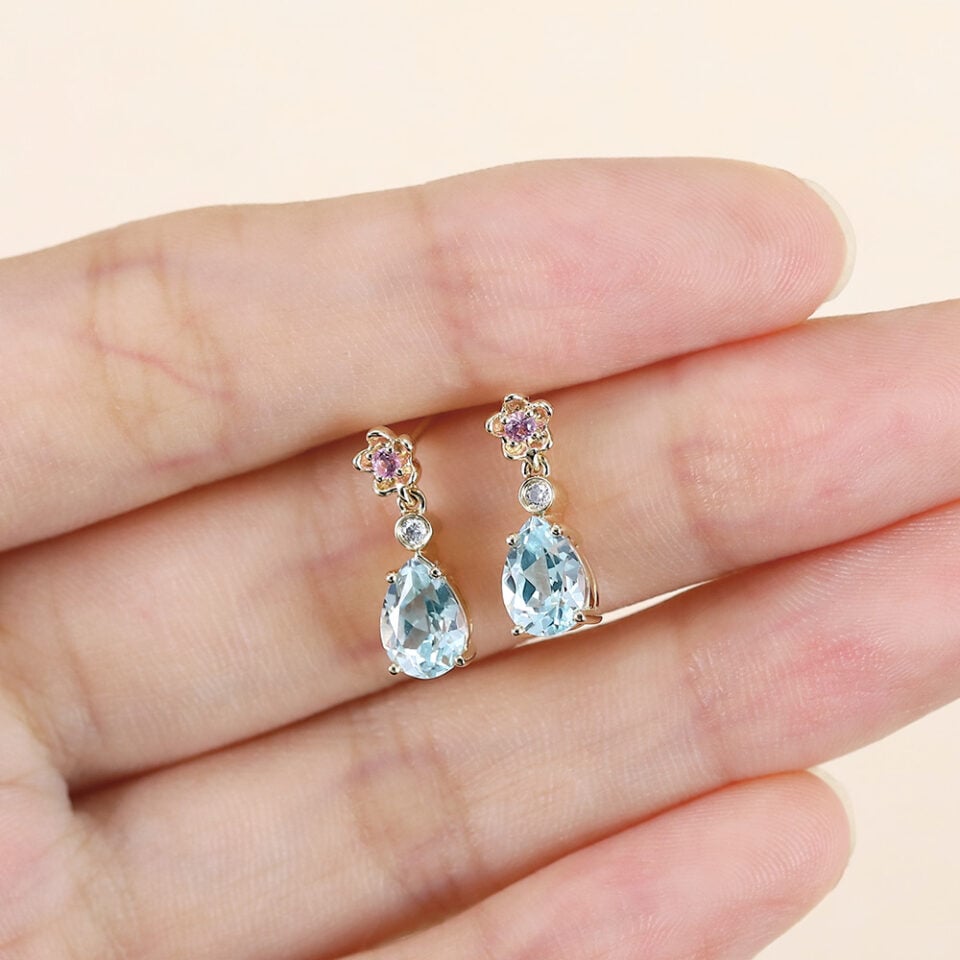 Floral Inspired Pear Cut Aquamarine Dangle Earrings With Cherry Blossom Accents (3)