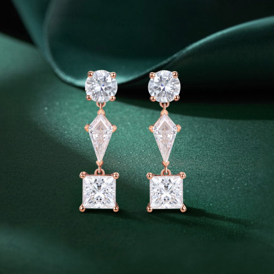 Geometric Multi Cut Moissanite Triple Dangle Earrings For Women