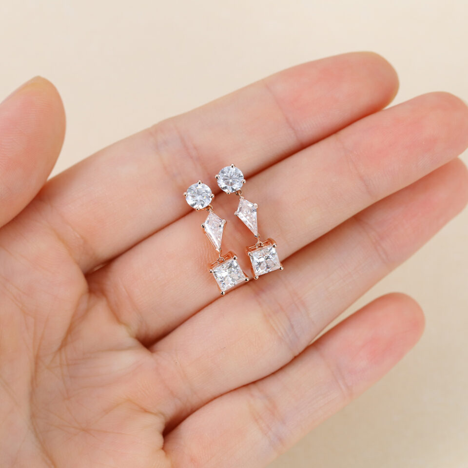 Geometric Multi Cut Moissanite Triple Dangle Earrings For Women (7)