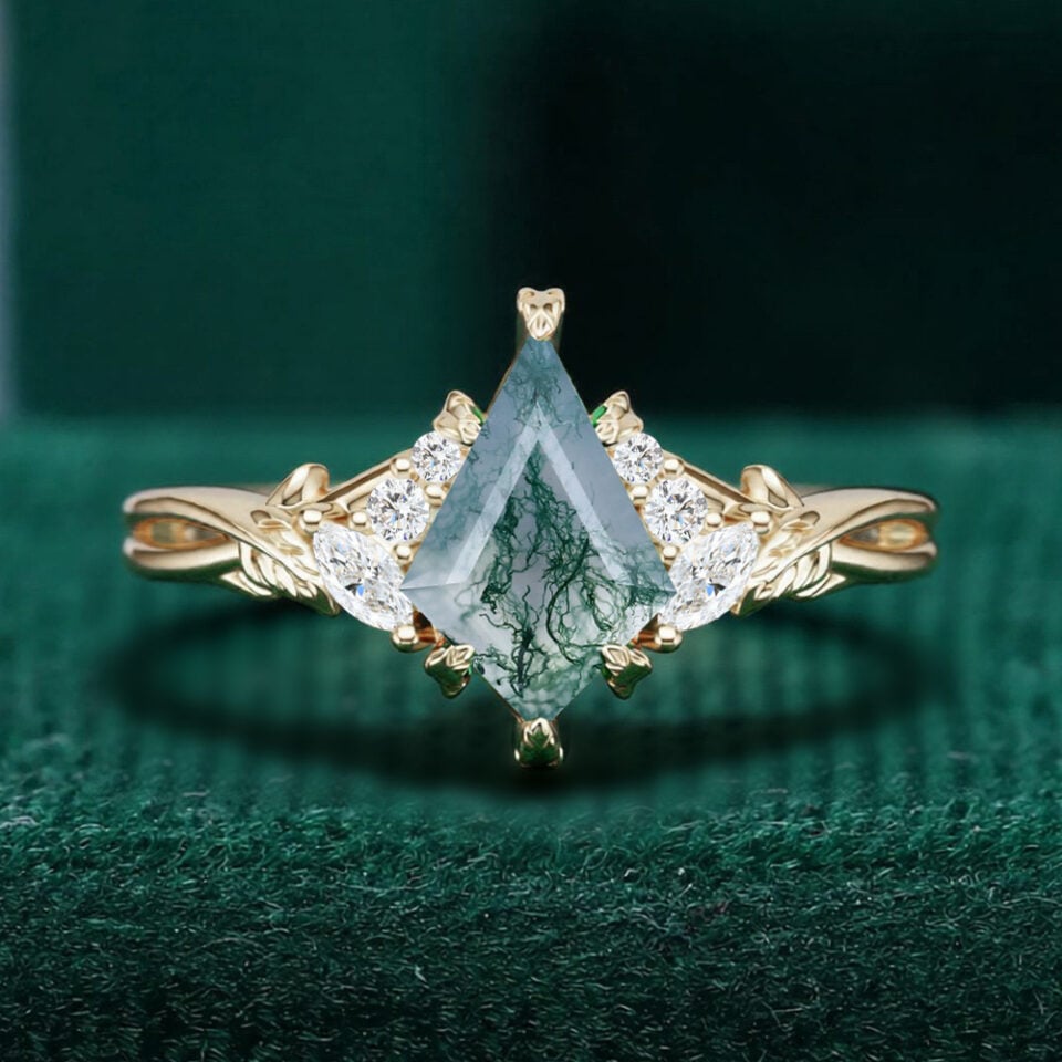 Kite Cut Moss Agate Botanical Engagement Ring