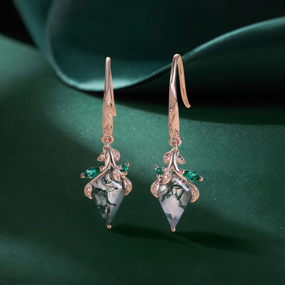Kite Cut Moss Agate Leaf Dangle Earrings With Emerald Accents