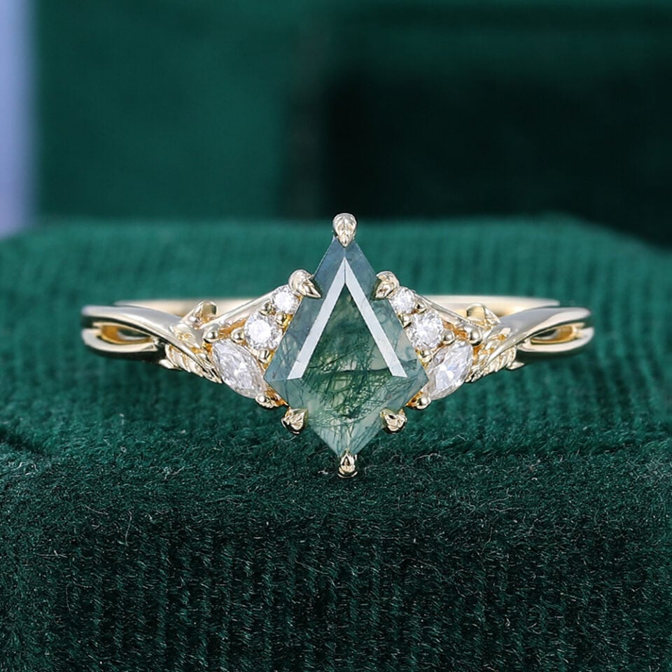 Kite Cut Moss Agate Nature Inspired Ethereal Engagement Ring with Leaf Prongs