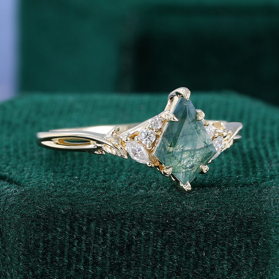Kite Cut Moss Agate Nature Inspired Ethereal Engagement Ring with Leaf Prongs (4)