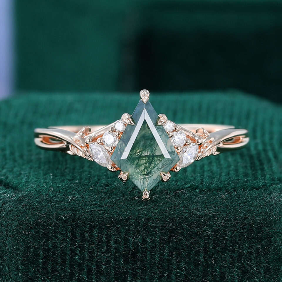 Kite Cut Moss Agate Nature Inspired Ethereal Engagement Ring with Leaf Prongs RG