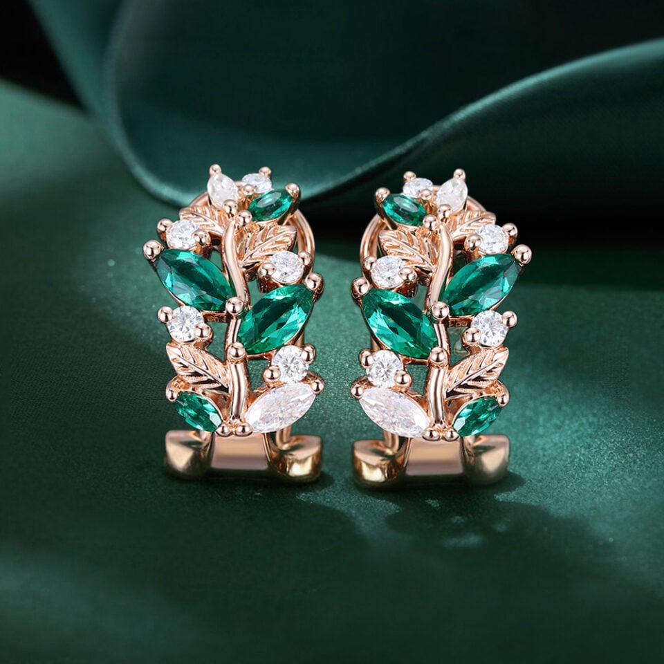 Leaf Accented Emerald & Diamond Omega Back Earrings