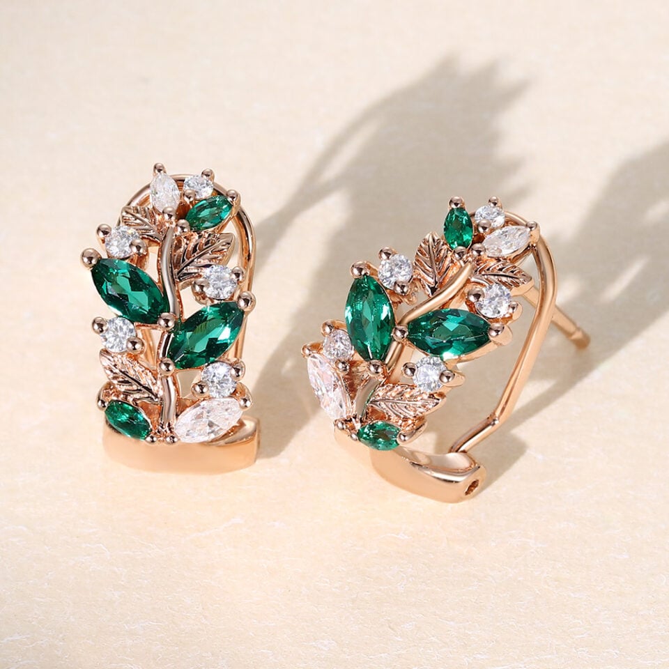 Leaf Accented Emerald & Diamond Omega Back Earrings (15)