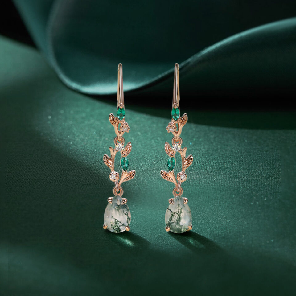 Leaf Design Pear Cut Moss Agate Dangle Earrings