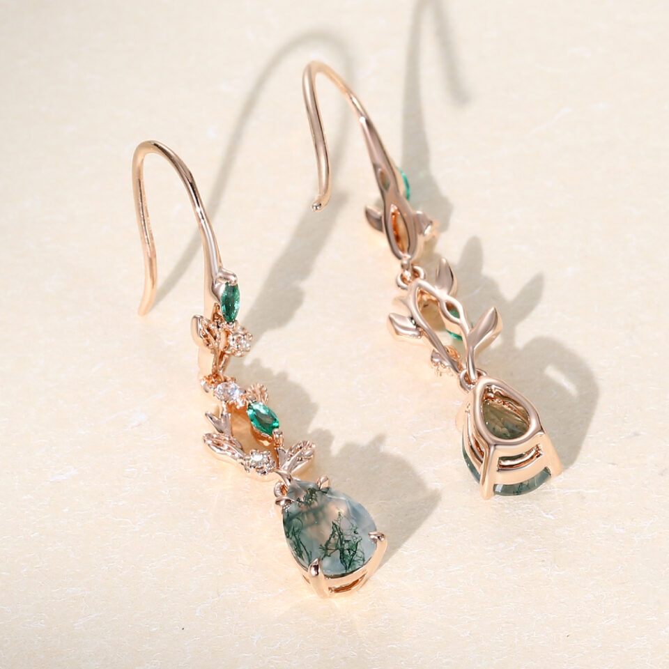 Leaf Design Pear Cut Moss Agate Dangle Earrings (3)