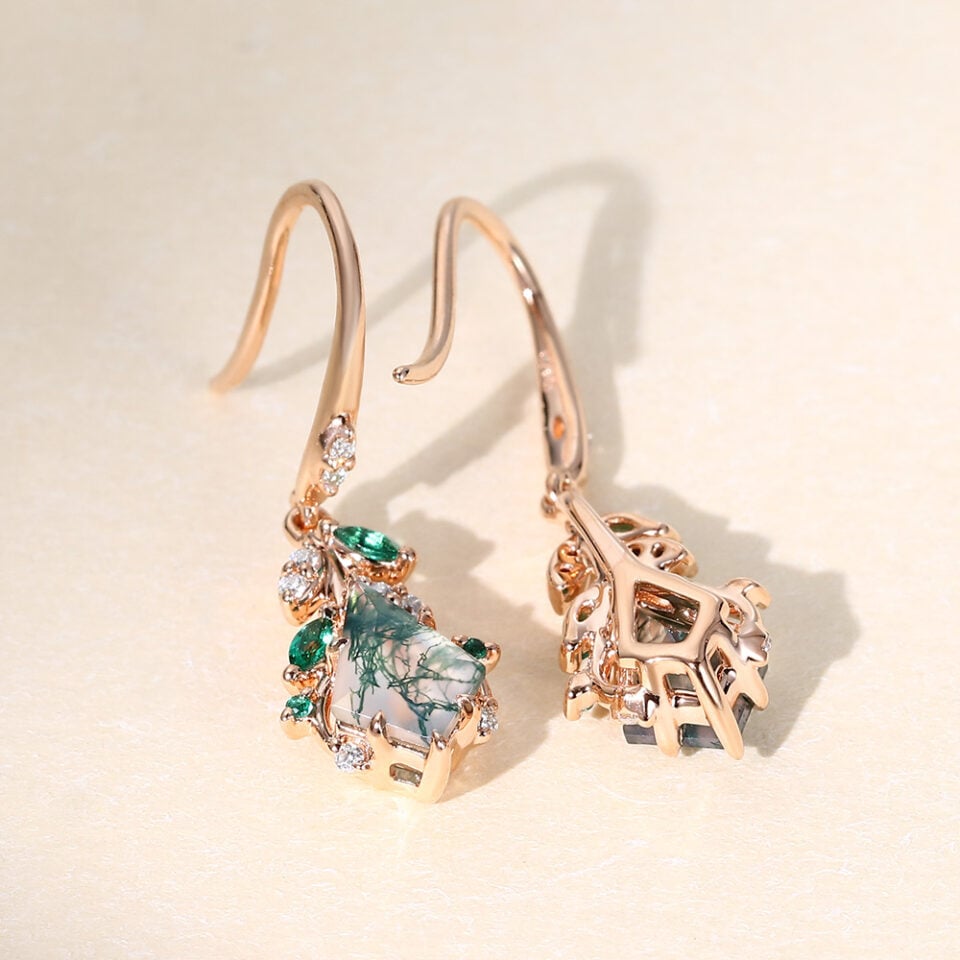 Leaf Inspired Kite Cut Moss Agate Dangle Earrings (1)