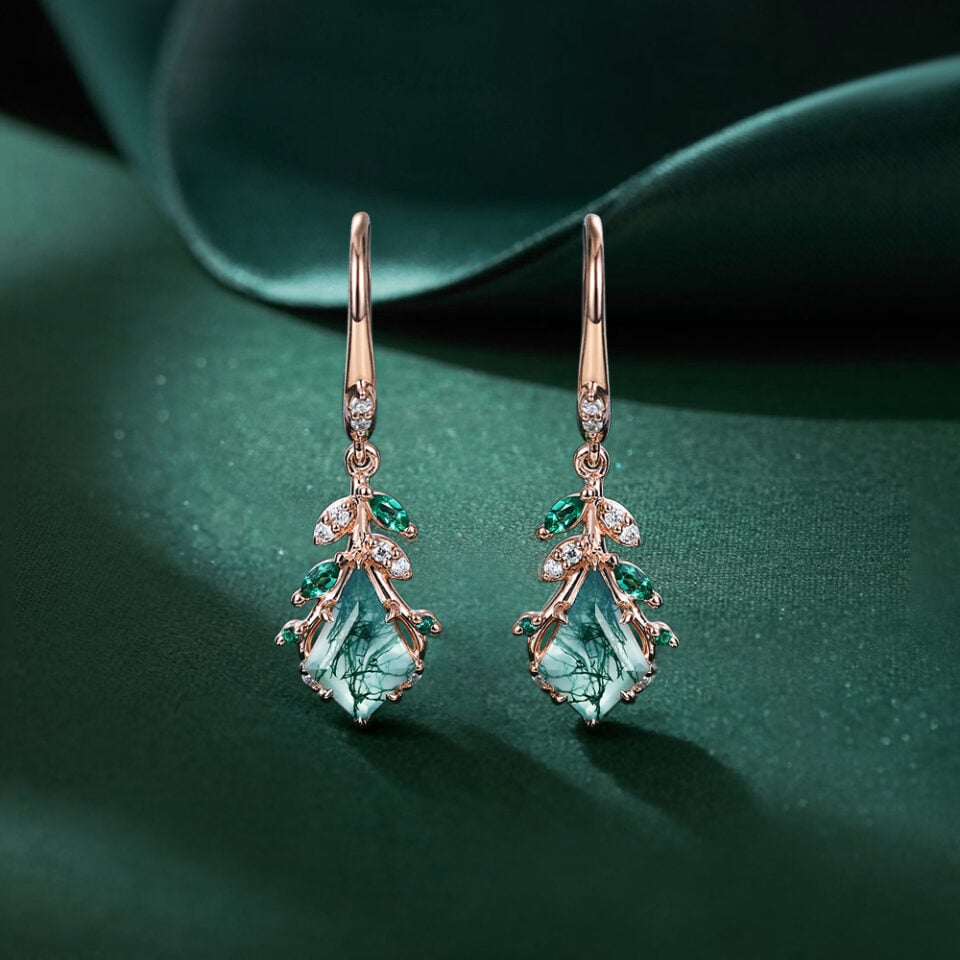 Leaf Inspired Kite Cut Moss Agate Dangle Earrings
