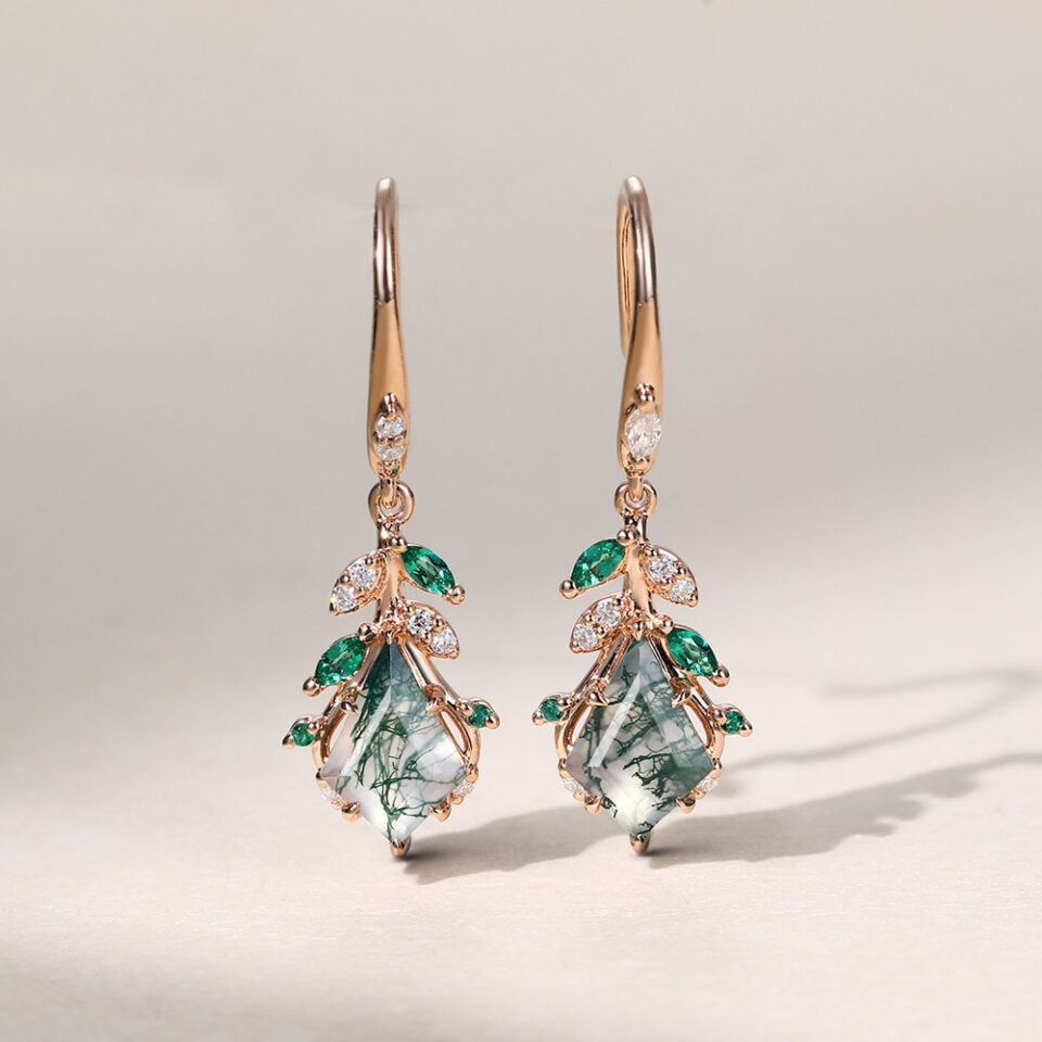 Leaf Inspired Kite Cut Moss Agate Dangle Earrings (3)