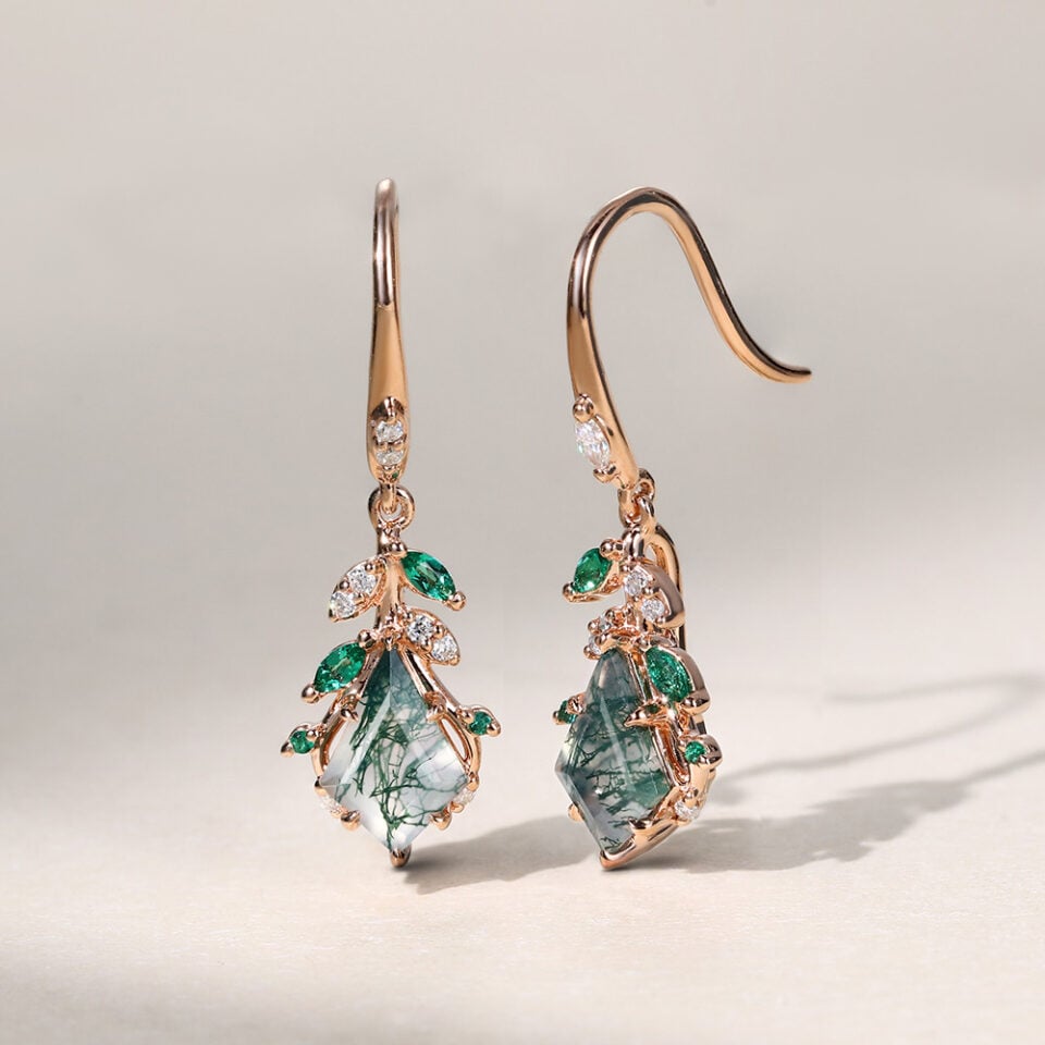 Leaf Inspired Kite Cut Moss Agate Dangle Earrings (4)