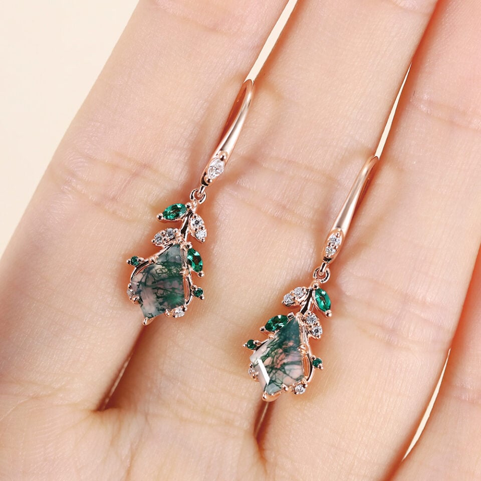 Leaf Inspired Kite Cut Moss Agate Dangle Earrings