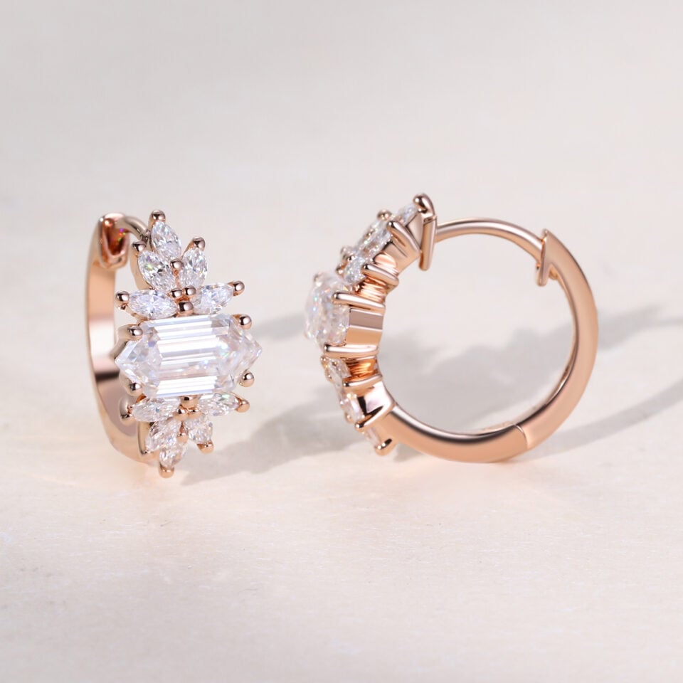 Long Hexagon Cut Moissanite Petal Cluster Huggie Hoop Earrings