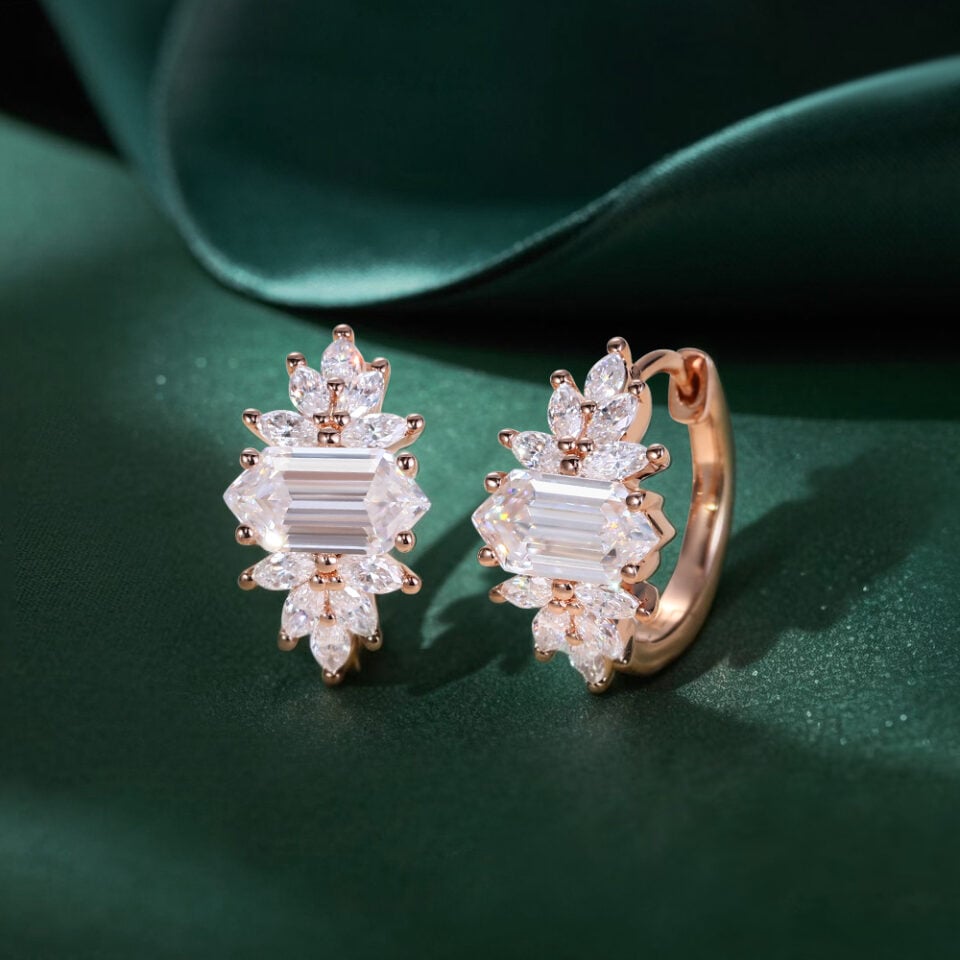 Long Hexagon Cut Moissanite Petal Cluster Huggie Hoop Earrings