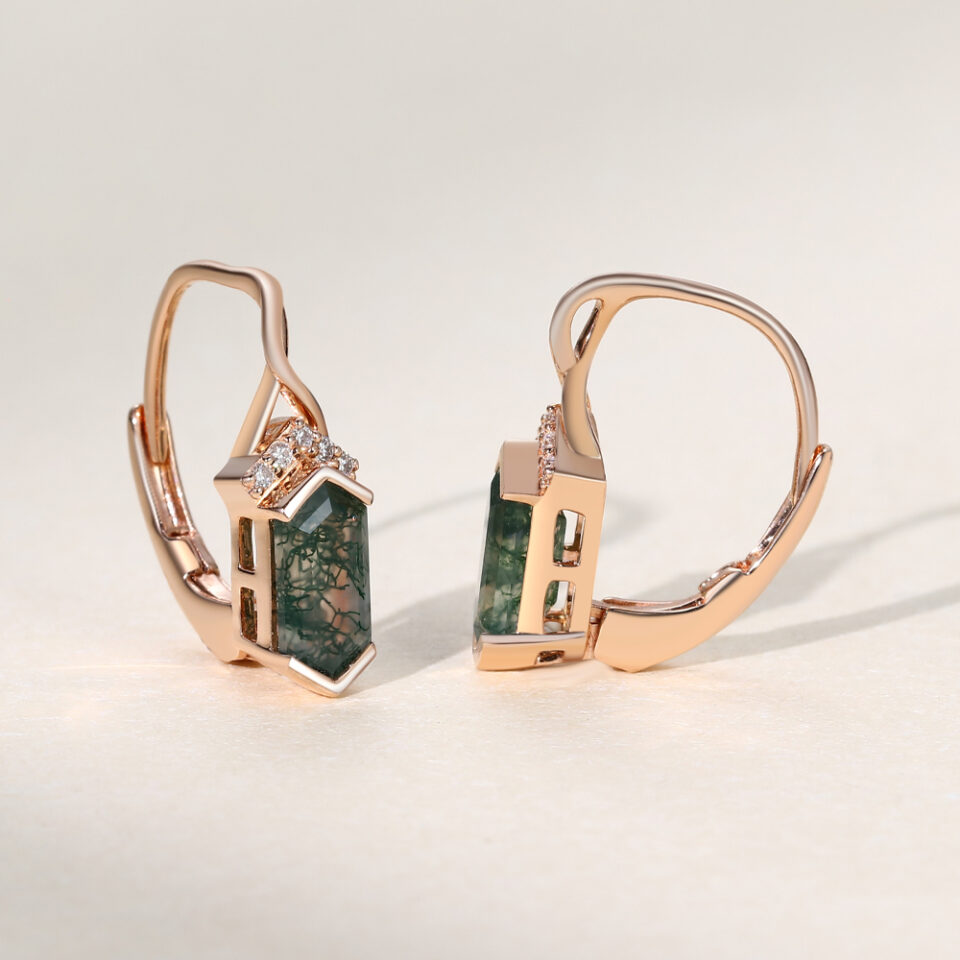 Long Hexagon Cut Moss Agate Infinity Leverback Earrings
