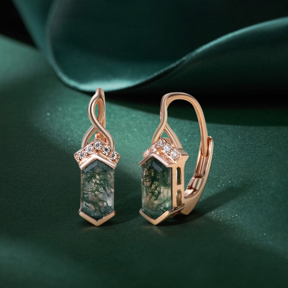 Long Hexagon Cut Moss Agate Infinity Leverback Earrings