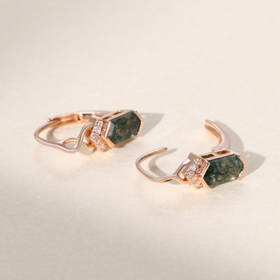 Long Hexagon Cut Moss Agate Infinity Leverback Earrings with Fishtail Diamond Accents (3)