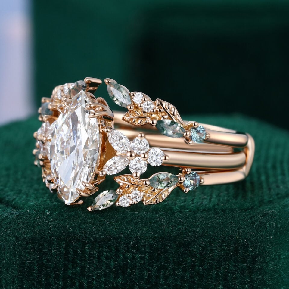 Marquise Cut Lab Diamond Cluster Bridal Ring Set with Nature Inspired Leaf Enhancer (10)