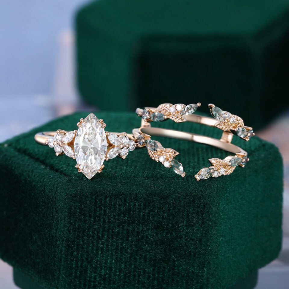 Marquise Cut Lab Diamond Cluster Bridal Ring Set with Nature Inspired Leaf Enhancer (14)