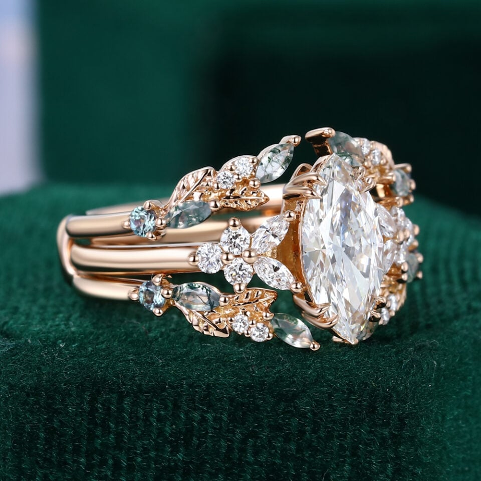 Marquise Cut Lab Diamond Cluster Bridal Ring Set with Nature Inspired Leaf Enhancer (15)