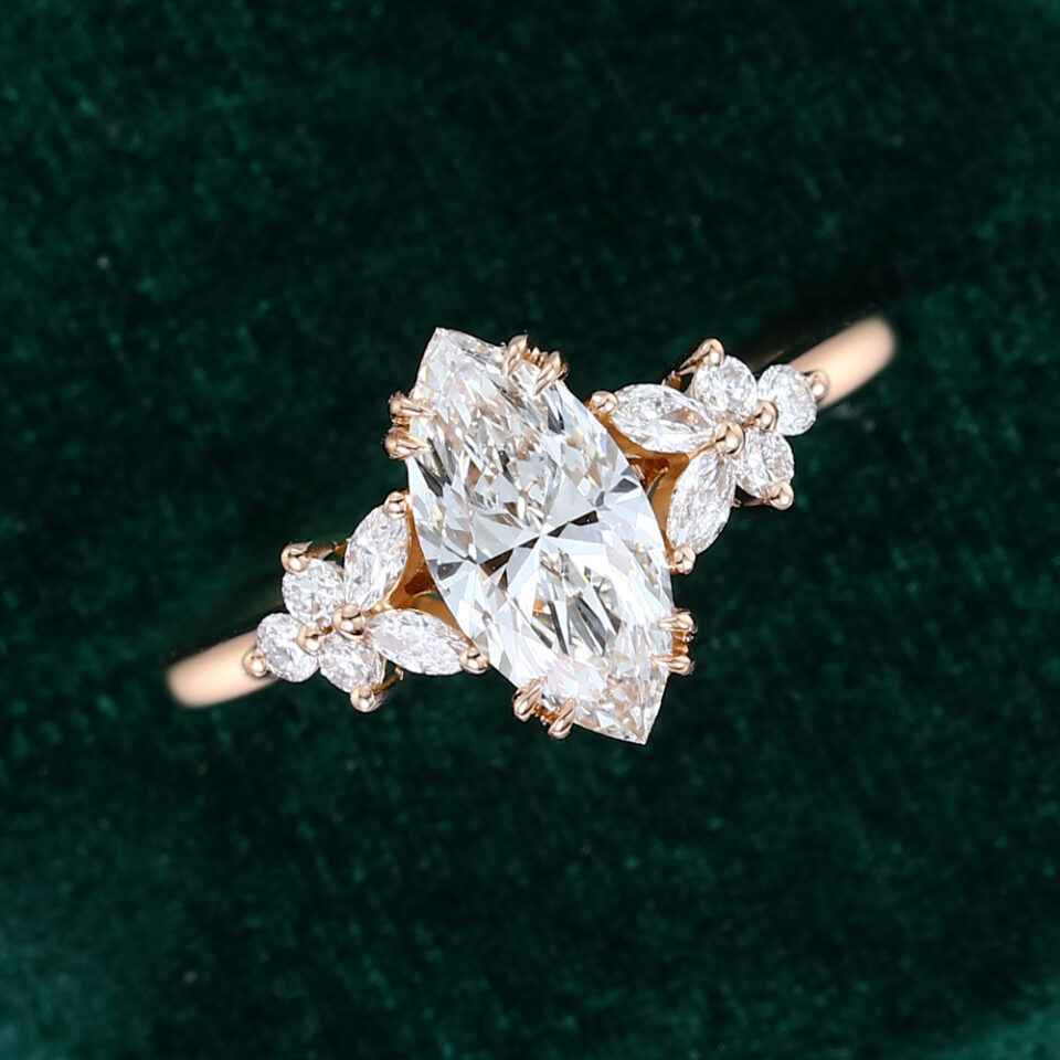 Marquise Cut Lab Diamond Engagement Ring With Blossom Cluster Accents(22)