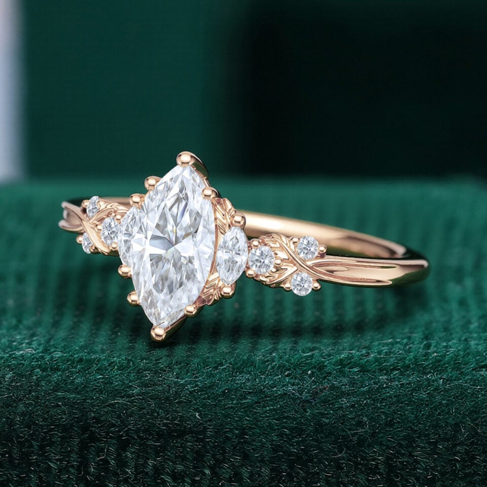 Marquise Cut Moissanite Leaf Engagement Ring (2)