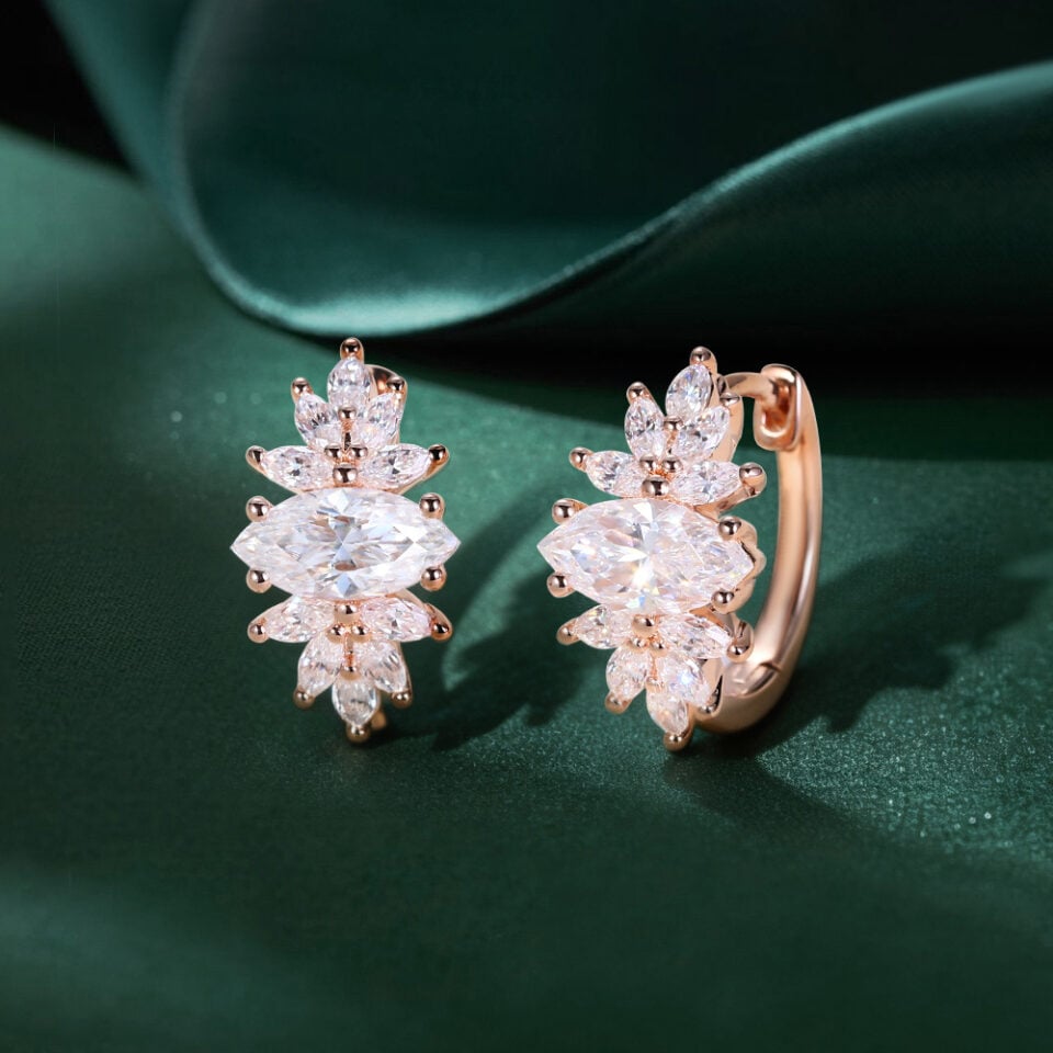 Marquise Cut Moissanite Petal Cluster Huggie Earrings