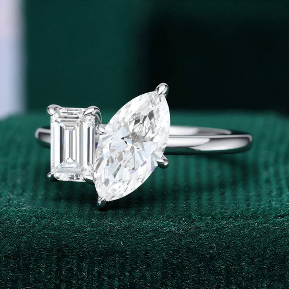 Marquise & Emerald Cut Lab Diamond Toi et Moi Engagement Ring (6)