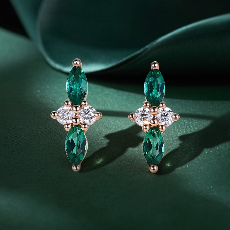 Marquise Emerald & Round Diamond Cluster Stud Earrings