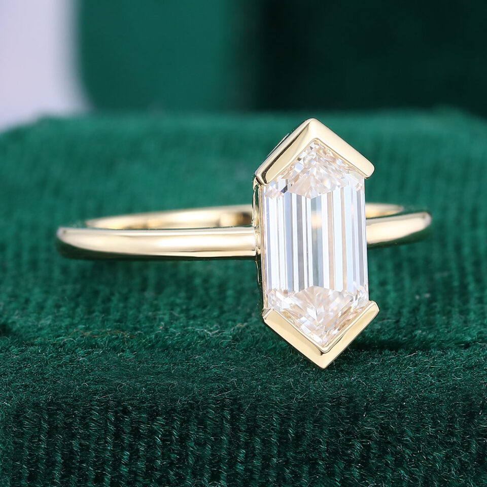 Minimalist Long Hexagon Cut Lab Diamond Solitaire Engagement Ring (2)