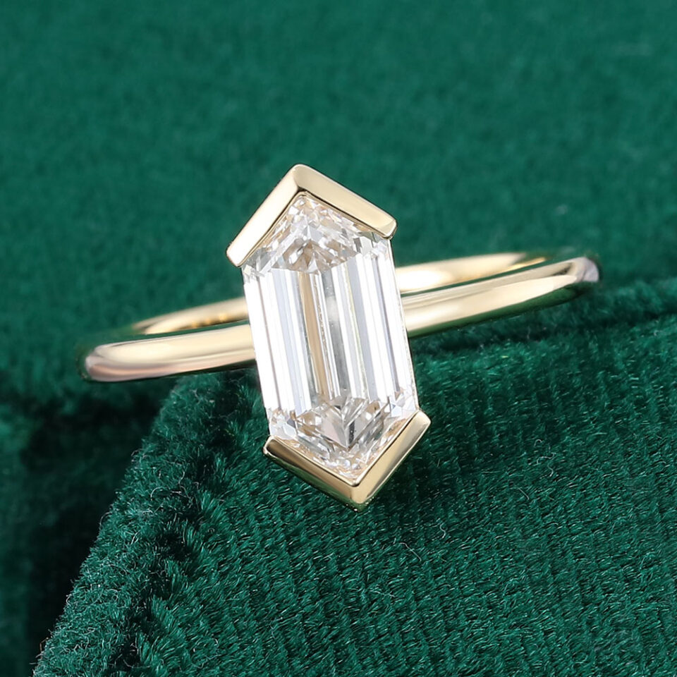 Minimalist Long Hexagon Cut Lab Diamond Solitaire Engagement Ring (3)