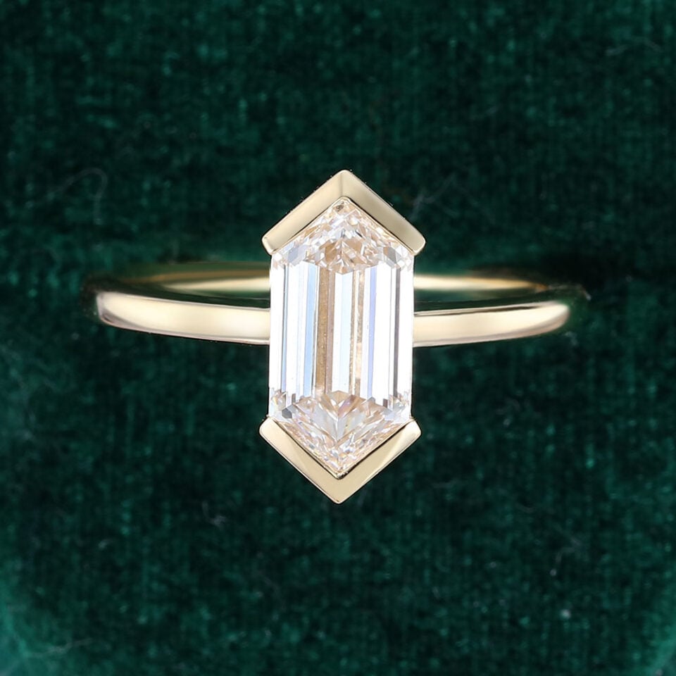 Minimalist long hexagon cut lab diamond solitaire engagement ring