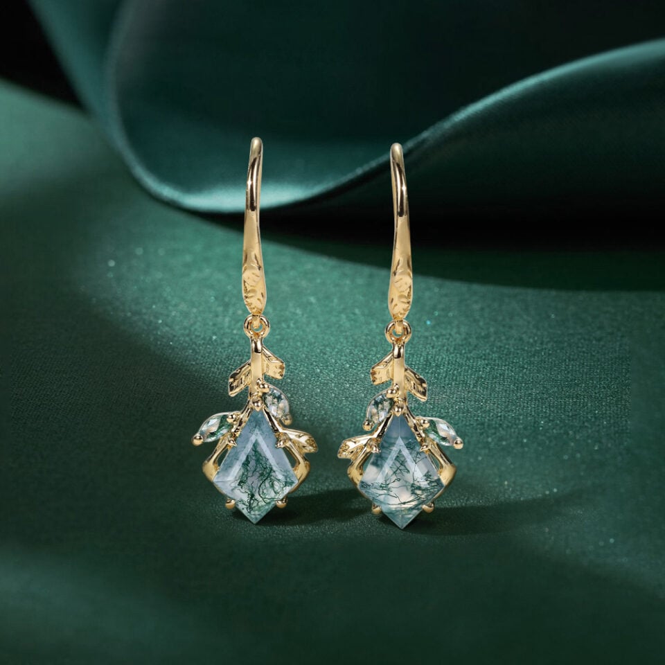 Nature Inspired Kite Cut Moss Agate Leaf Dangle Earrings