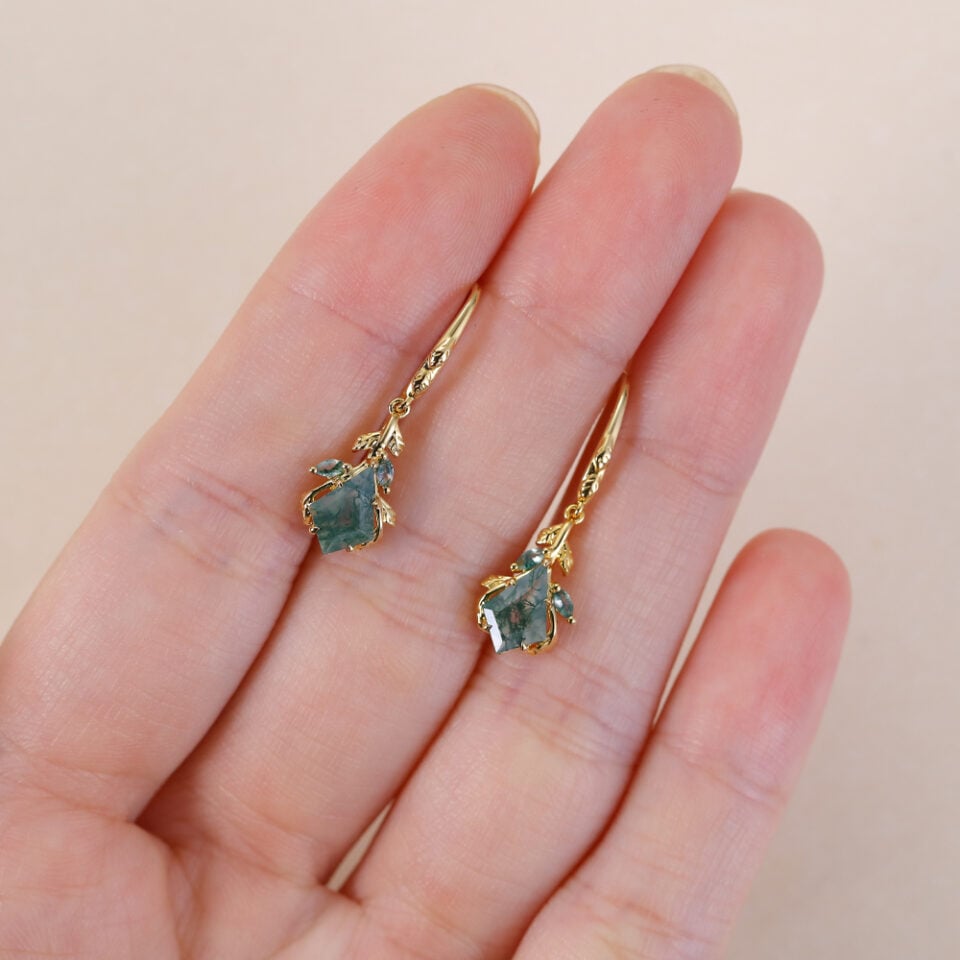 Nature Inspired Kite Cut Moss Agate Leaf Dangle Earrings (3)